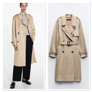 NWT Zara Faux Suede Belted Double-Breasted Topcoat Trench Sz:L Taupe Brown